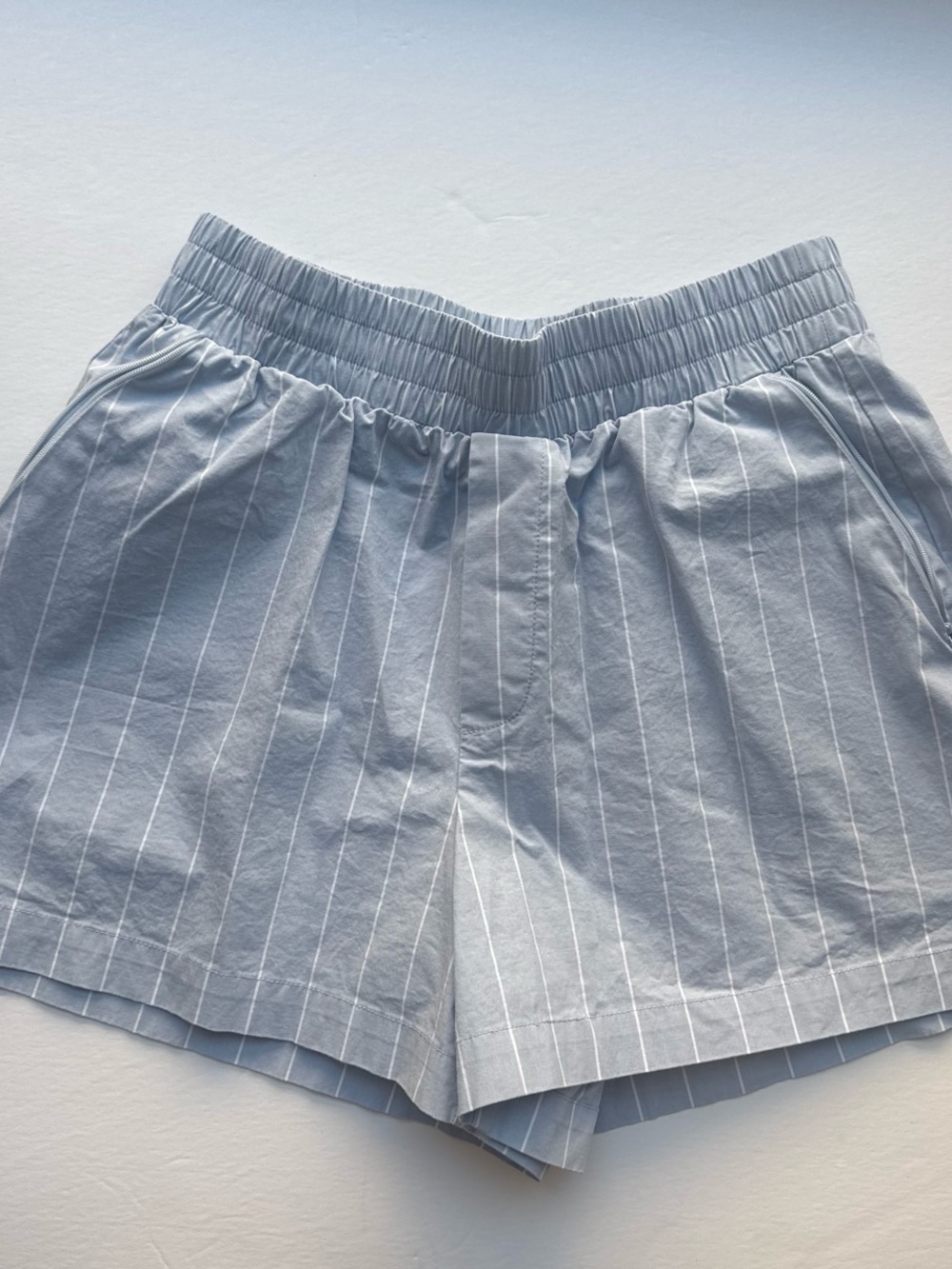 SOLID & STRIPED Light Blue Pinstripe High-Waist Elastic Shorts